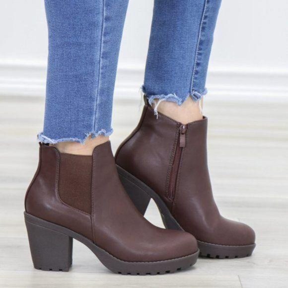 Lug Sole Ankle Boots Brown Chelsea Booties - Picture 2 of 12